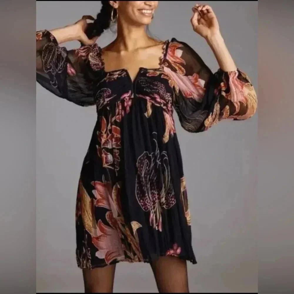 ✨NWT✨ Anthropologie Let Me Be Baby Doll Black Floral Mini Dress XS/P